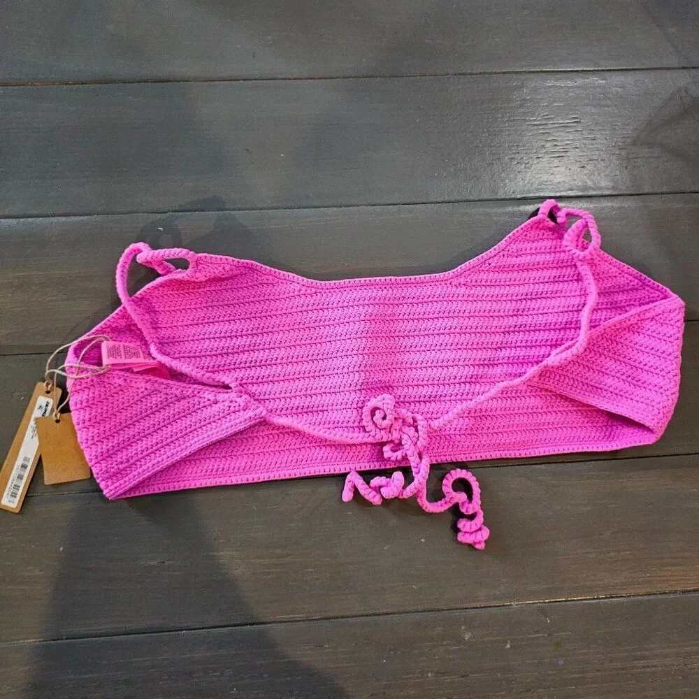 SKIMS Women's Taffy Pink Crochet Swim Scoop Bikini Top Size 2X